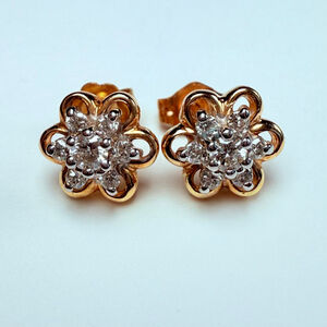 Estate 14K Solid Gold .30 TCW Natural Diamond Cluster Atomic Floral VTG Earrings
